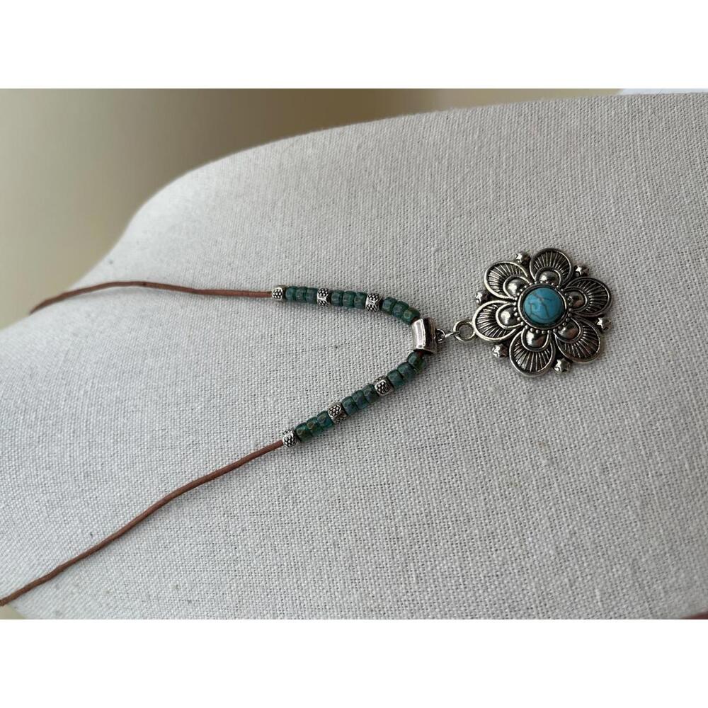 Bohemian Silver and Turquoise Pendant Necklace with Leather Cord - Picture 3 of 7